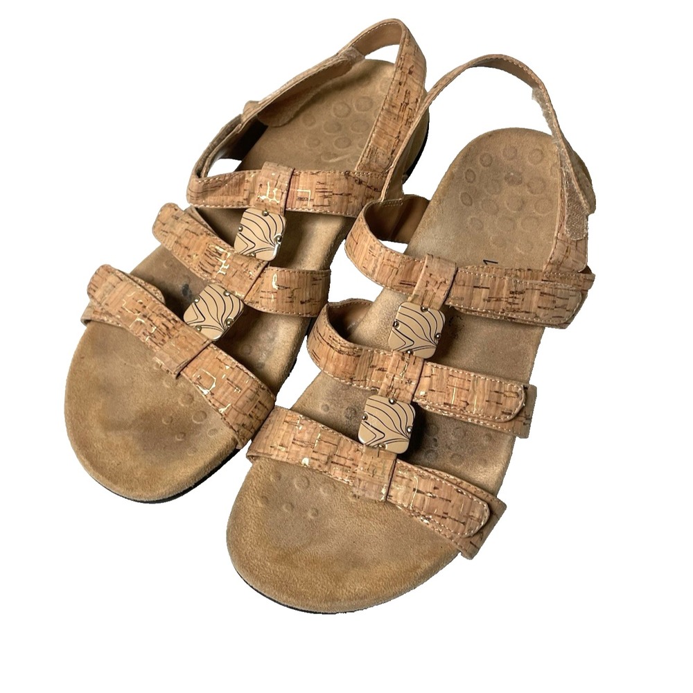 Women's Vionic Amber Sandals Orthaheel Tan Cork Brown Flat Comfort Size 10